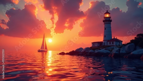 Wallpaper Mural Lighthouse at sunset with a sailboat in the foreground, romantic, sailboat Torontodigital.ca