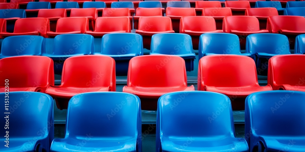 Fototapeta premium Vibrant red and blue plastic seats arranged in a grandstand setting, showcasing a lively atmosphere created by the contrasting colors of the red and blue plastic seats.
