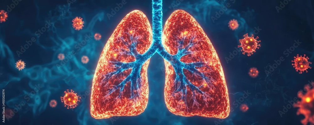 Fototapeta premium Influenza, Pneumonia disease concept. Illustration of human lungs against a colorful background with virus particles.