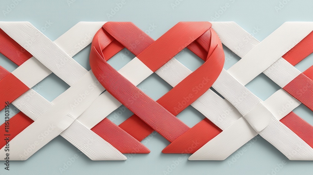 Fototapeta premium Red and White Woven Ribbon Heart Design on Soft Background for Craft and Decoration