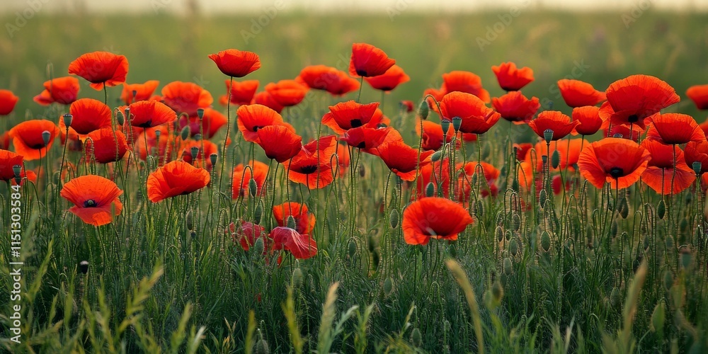Obraz premium Vibrant field of red poppies beautifully contrasts against a lush green background, showcasing the stunning natural scenery of red poppies in full bloom, perfect for nature lovers.