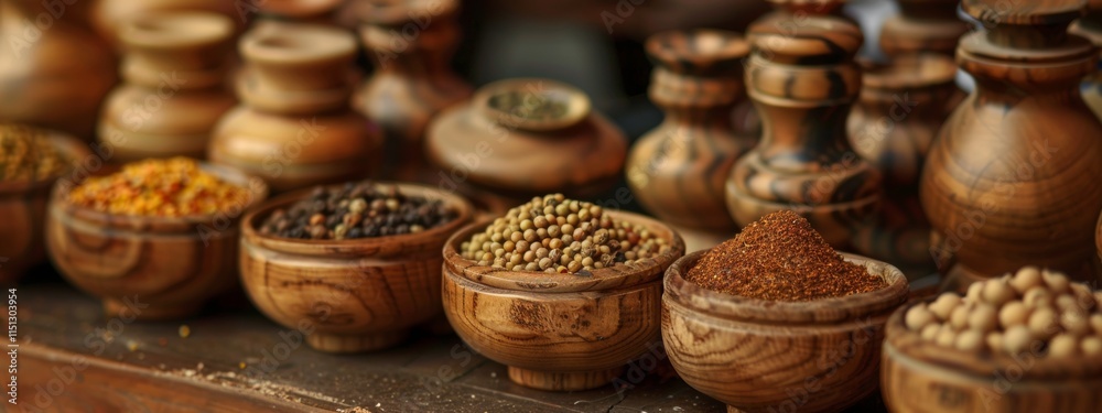Assorted Spices in Rustic Wooden Bowls Assorted Spices in Rustic Wooden Bowls