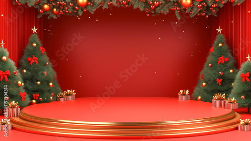 A podium with an empty space and room for a product, decorated with New Year's decorations and ornaments, in shades of red and gold photo