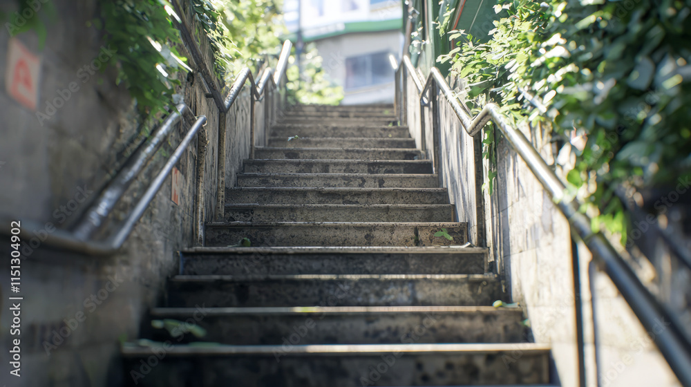 Sunlit urban staircase with lush greenery in a residential area Sunlit urban staircase with lush greenery in a residential area