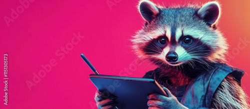 Artistic raccoon using a digital tablet, set against a backdrop of vivid magenta.