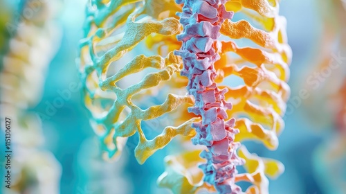 Osteoporosis disease idea. Detailed close-up of a colorful human spine model showcasing vertebrae and structure.