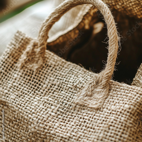 Close-up of a jute bag with handles, symbolizing eco-friendly shopping and sustainability
