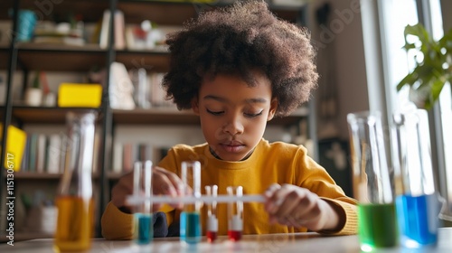 Concentrating intensely, the young african american boy carefully mixes vibrant liquids in test tubes, exploring the wonders of science in a warm and inviting room filled with books photo