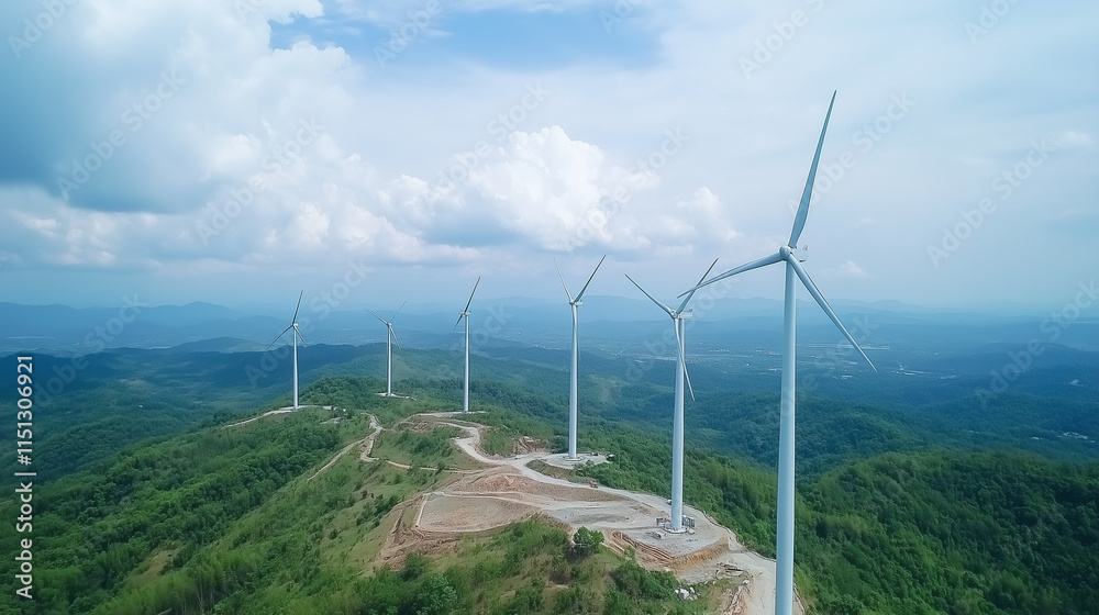 Wind turbines, natural scenery, renewable energy, cloudy sky, eco-friendly landscape, copy space Wind turbines, natural scenery, renewable energy, cloudy sky, eco-friendly landscape, copy space