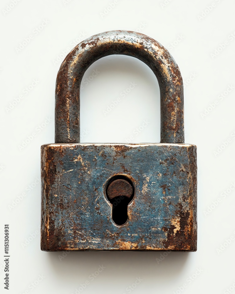 Metal padlock on white background, copy space, symbolizing the security and protection aspects of a locking system Metal padlock on white background, copy space, symbolizing the security and protection aspects of a locking system