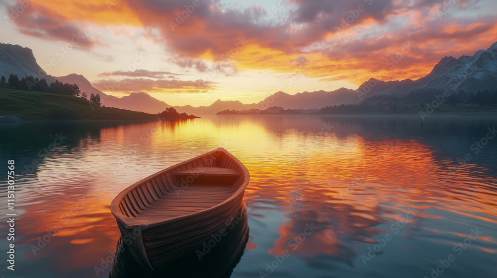 Tranquil sunset over a serene mountain lake with wooden rowboat Tranquil sunset over a serene mountain lake with wooden rowboat