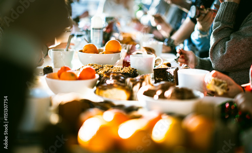 celebrating company event table food orange fruits sweet cakes family office party