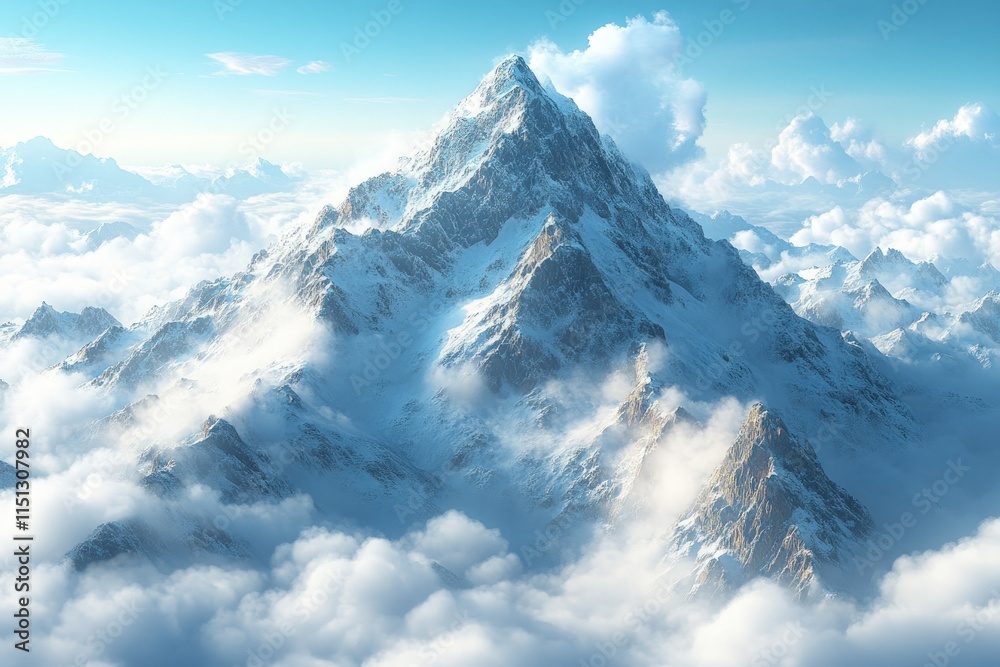 Obraz premium Snowy mountain peak above clouds, serene.