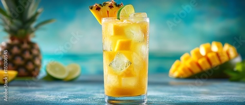 A tall glass of tropical fruit drink with ice, slices of pineapple, mango, and lime floating, condensation on the glass, set against a beachinspired background photo