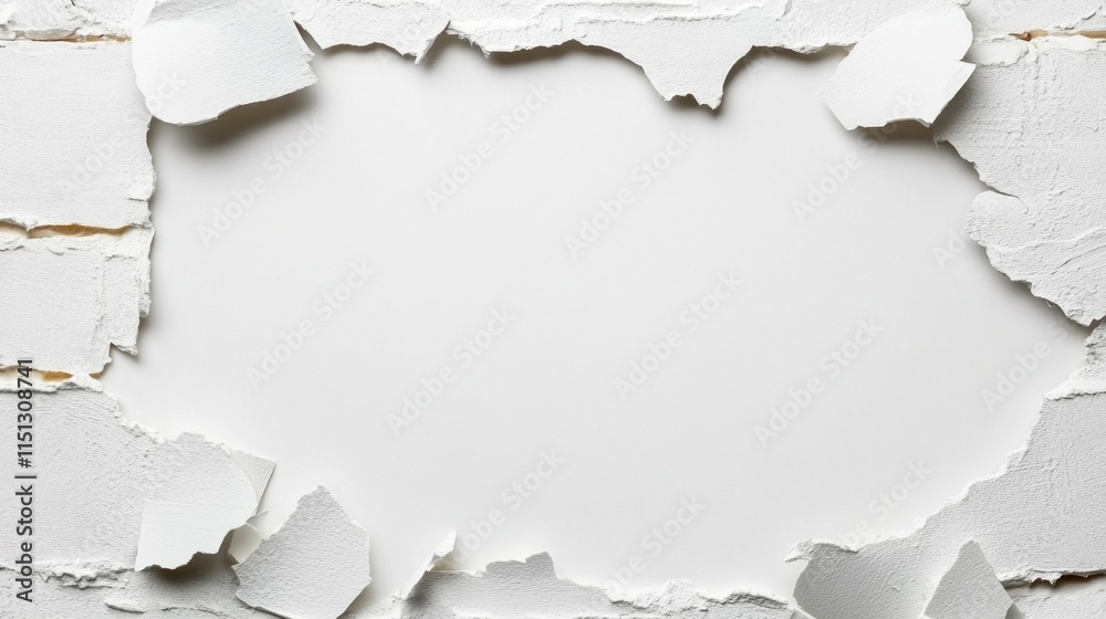 torn section of a white wall exposes a blank area free of paint. fragments of the wall create an opening that invites creative ideas and artistic expressions torn section of a white wall exposes a blank area free of paint. fragments of the wall create an opening that invites creative ideas and artistic expressions