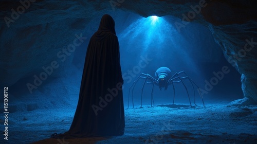 cloaked figure stands in a dimly lit cave, gazing in awe at a giant spider illuminated by a beam of blue light. atmosphere is eerie and captivating, evoking a sense of wonder and fear