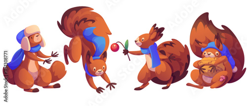 Cute squirrel character wearing winter scarf and hat in dynamic poses - sitting with paws out, climbing down, holding berry, hugging nut. Cartoon forest animal with orange fur and blue accessories.
