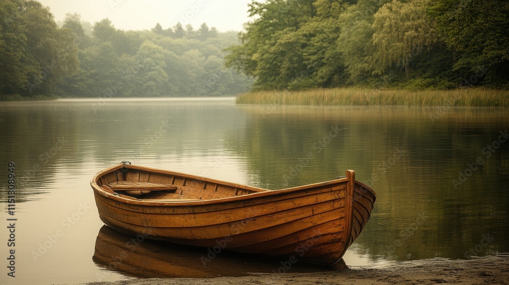 A wooden rowboat moored on a tranquil lake shore. A wooden rowboat moored on a tranquil lake shore.
