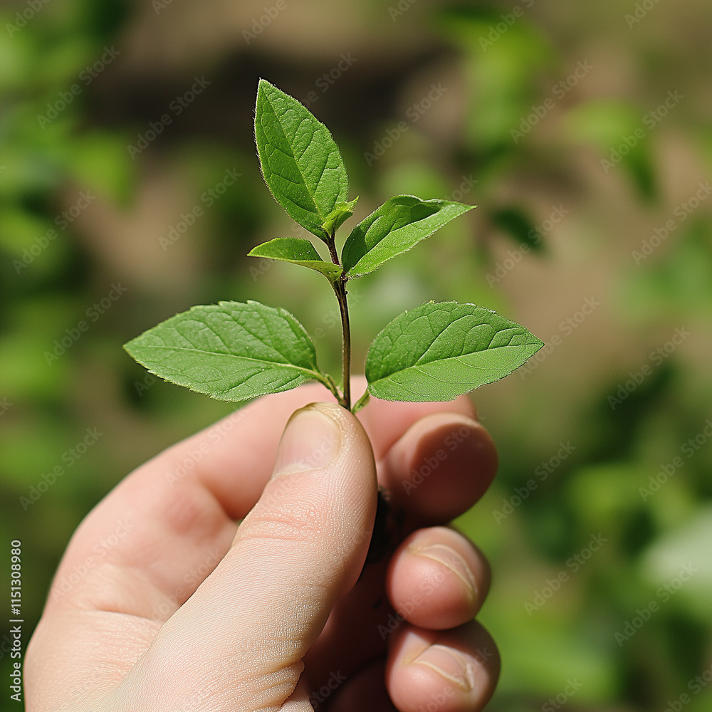 Hand holding small green plant, eco-friendly concept, focus on nature, fresh growth, sustainable living Hand holding small green plant, eco-friendly concept, focus on nature, fresh growth, sustainable living