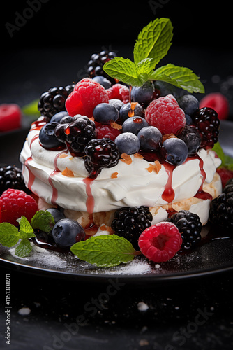 A dynamic close-up shot reveals a pristine pavlova dessert, its meringue shell delicately textured, topped with fresh fruit, and a dollop of cream