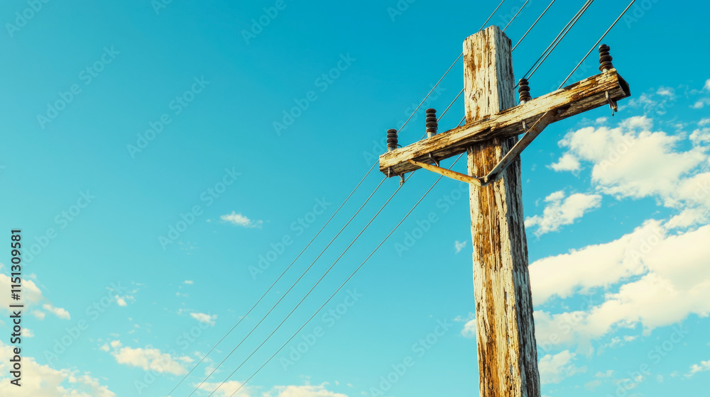 Rustic wooden utility pole against clear blue sky with clouds Rustic wooden utility pole against clear blue sky with clouds