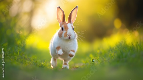 cute rabbit brown white tone color hopping around on grass field with morning sunlight  photo