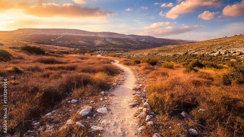 Scenic sunset over rural pathway in serene countryside landscape Scenic sunset over rural pathway in serene countryside landscape