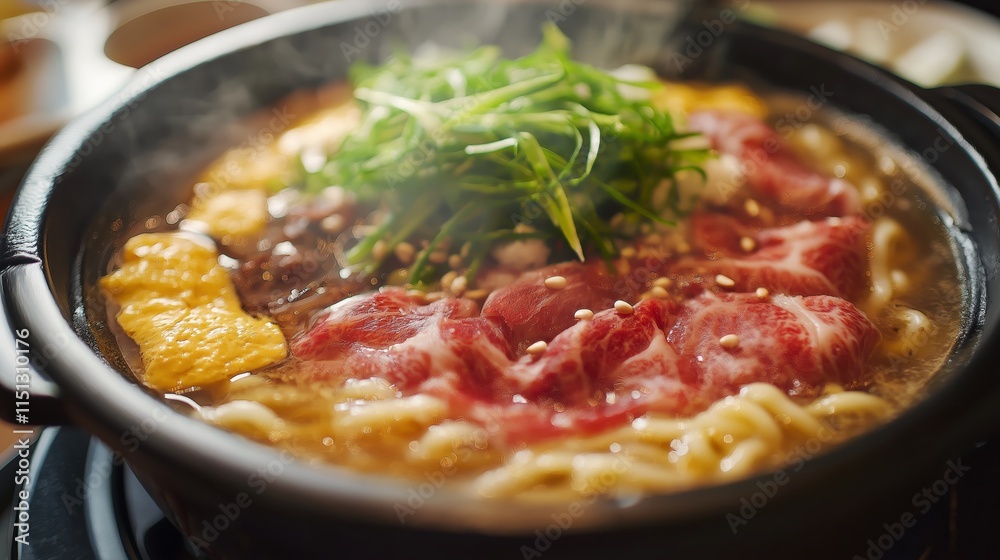 Japanese sukiyaki, topped with medium rare beef udon Japanese sukiyaki, topped with medium rare beef udon