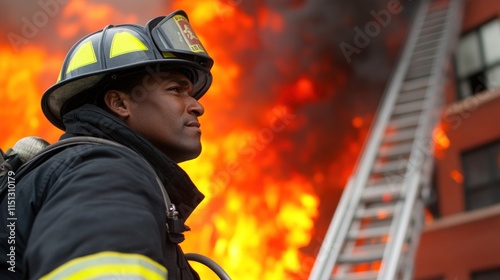 brave firefighter stands strong against a backdrop of intense flames emanating from a city building, readying a ladder for an urgent rescue operation as smoke fills the air