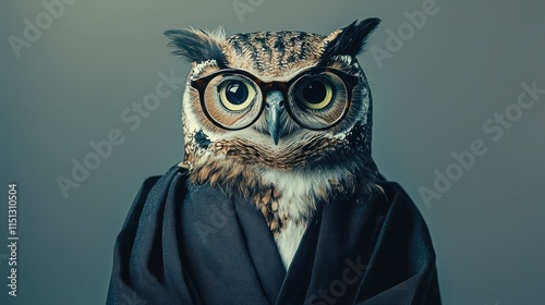 Owl in a black robe and glasses, portrayed against a grey background as a lawyer.