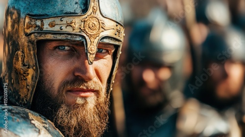 A medieval warrior clad in shiny armor and a detailed helmet gazes intensely into the distance, surrounded by fellow soldiers during a reenactment event set in autumn photo