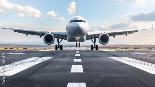large passenger plane sits on a runway, ready for takeoff. It faces the camera with a backdrop of clouds and a vibrant landscape, showcasing a bright and beautiful day