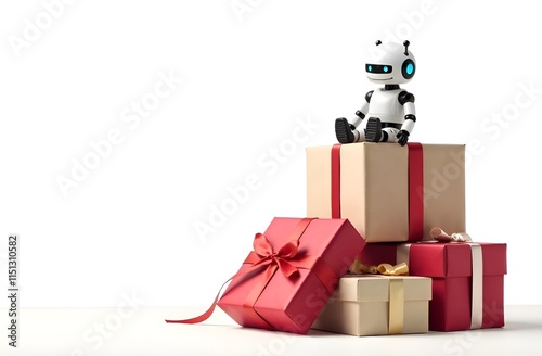 A cute little robot is sitting on a pile of gift boxes. Image on the right, on the left there is a lot of free space for text, white background