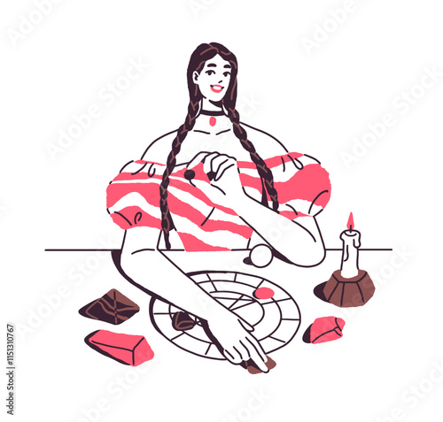 Fortune teller makes divination by horoscope, gemstones. Fortuneteller telling destiny, fate with numerology. Woman goes astrology, natal chart. Flat isolated hand drawn vector illustration on white