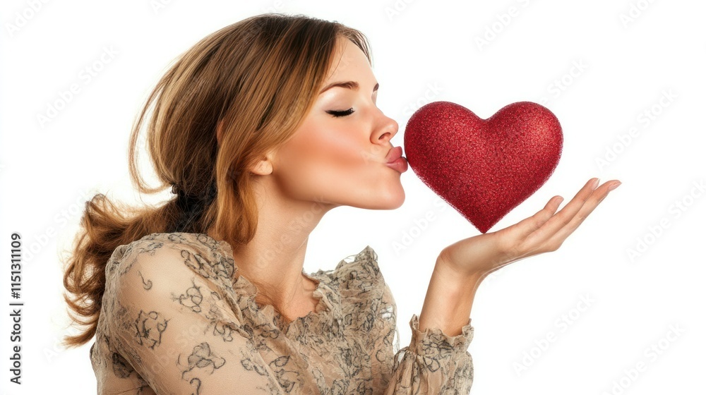 A young woman in a softly colored blouse, blowing a kiss to a red heart as if sending love forward, white background A young woman in a softly colored blouse, blowing a kiss to a red heart as if sending love forward, white background