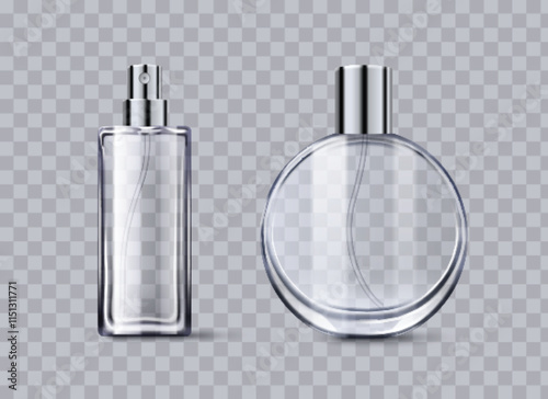 Fragrance glass containers set - rectangular spray flask with metallic atomizer and round vessel with silver cap on transparent backdrop. Empty crystal perfume packaging for cosmetic branding mockup.