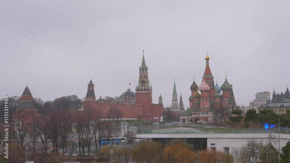 Famous Moscow skyline on a cloudy day with St Basil and the Kremlin fortress, a historic symbol of Russia Famous Moscow skyline on a cloudy day with St Basil and the Kremlin fortress, a historic symbol of Russia