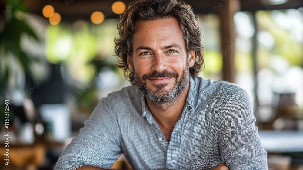 Naklejka premium man with curly hair and a well-groomed beard is smiling warmly while seated at a cafe. Natural light filters through, creating a relaxed atmosphere perfect for socializing or enjoying a meal