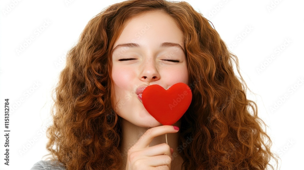 A young woman tilting her head, red heart held gently near her lips, giving a sweet kissy expression, white background A young woman tilting her head, red heart held gently near her lips, giving a sweet kissy expression, white background