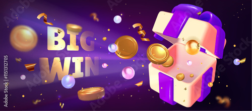 3D Big Win casino banner with beige and purple unwrapped gift box floating with scattered golden coins, pearly spheres and confetti ribbons on dark background. Slots, lottery games and gambling design