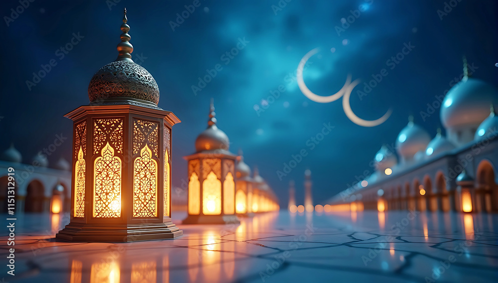 Fototapeta premium Lanterns stands in the desert at night sky, lantern islamic Mosque, glowing lights, dark blue background, Ramadan atmosphere