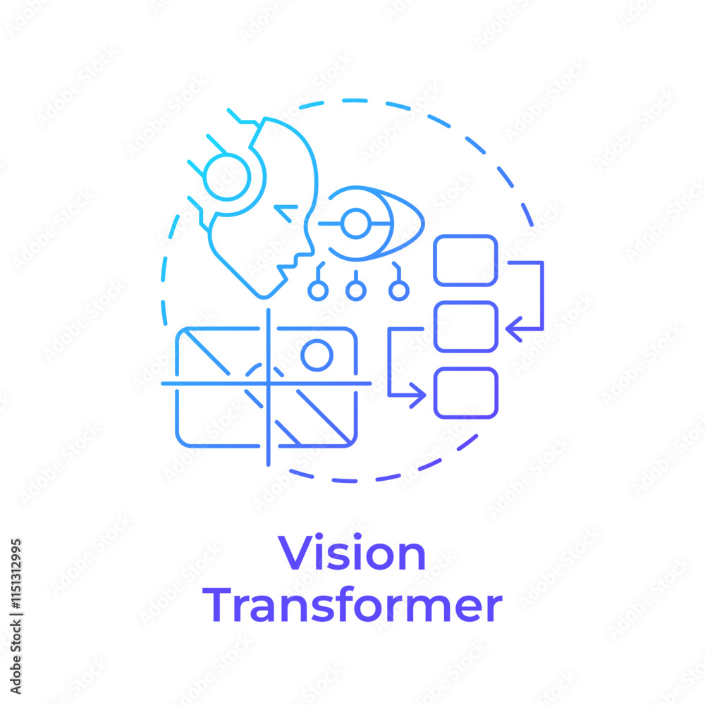 Vision transformer blue gradient concept icon. Image recognition tasks improvement. RAG integration. Round shape line illustration. Abstract idea. Graphic design. Easy to use in presentation Vision transformer blue gradient concept icon. Image recognition tasks improvement. RAG integration. Round shape line illustration. Abstract idea. Graphic design. Easy to use in presentation
