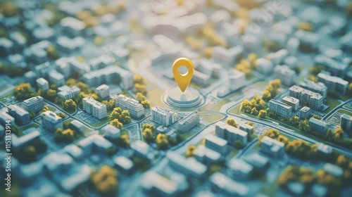 A top-down view of a paper map with a prominent 3D pin placed at a landmark. photo