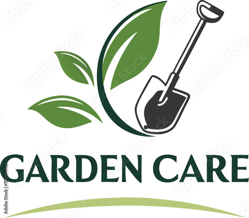 Garden Care Logo: Green leaves and shovel design 