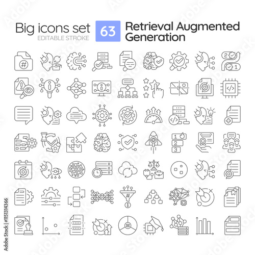 RAG linear icons set. Retrieval augmented generation in data processing. Content making AI instruments. Customizable thin line symbols. Isolated vector outline illustrations. Editable stroke