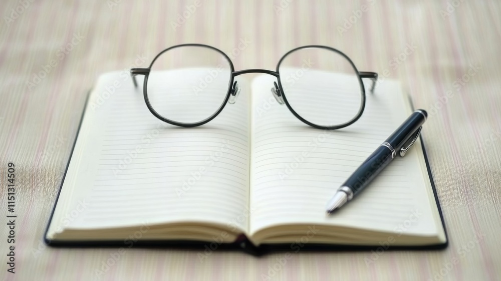 Modern workspace scene featuring a blank notebook, pen, and glasses on a professional desk for business meetings, note-taking, and creative planning Modern workspace scene featuring a blank notebook, pen, and glasses on a professional desk for business meetings, note-taking, and creative planning