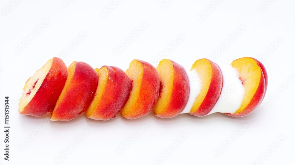 Sliced apple pieces arranged neatly, showcasing vibrant red and yellow colors on a clean, white background. Sliced apple pieces arranged neatly, showcasing vibrant red and yellow colors on a clean, white background.