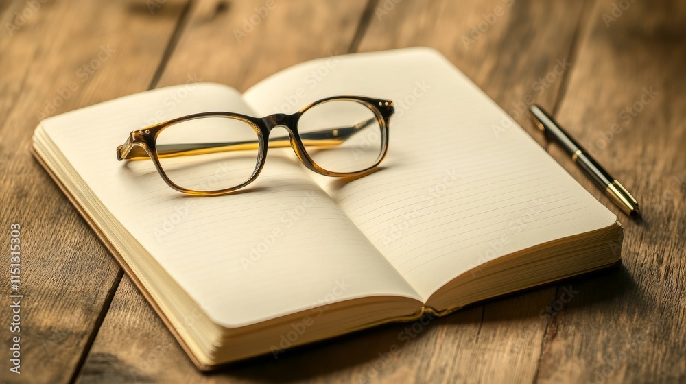 Modern workspace scene featuring a blank notebook, pen, and glasses on a professional desk for business meetings, note-taking, and creative planning Modern workspace scene featuring a blank notebook, pen, and glasses on a professional desk for business meetings, note-taking, and creative planning