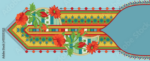 Neckline Ornamental floral designs framed for luxurious fabric and paper prints.

