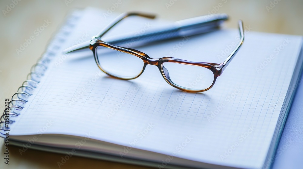 Modern workspace scene featuring a blank notebook, pen, and glasses on a professional desk for business meetings, note-taking, and creative planning Modern workspace scene featuring a blank notebook, pen, and glasses on a professional desk for business meetings, note-taking, and creative planning
